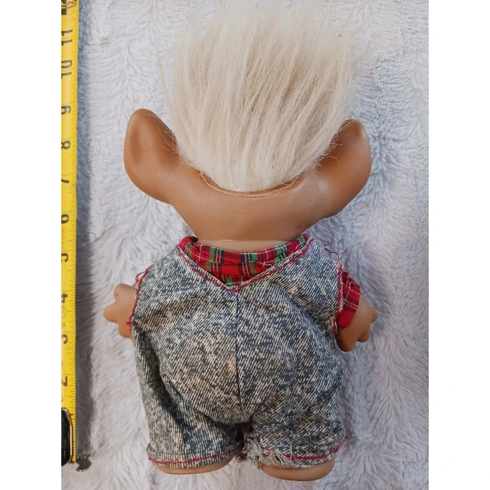 Uneeda WISHNIK Farmer Troll White Hair 8 Inch Doll with Bib Overalls Plaid Shirt